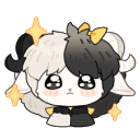 A cute black and white sheep with sparkling eyes and a yellow bow looking adoringly.