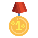 Gold medal with a red ribbon and the number one in the center.