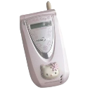 Hello Kitty flip phone in a soft pink color standing upright.