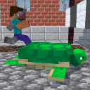 Steve from Minecraft runs past a green blocky turtle on a cobblestone path.