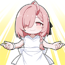 Skuld with pink hair in a white dress making a smug, holy gesture with glowing light behind her.