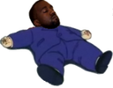 Kanye West floating horizontally in a blue jumpsuit with his eyes closed.
