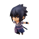 Sasuke Uchiha in a chibi style looking serious with dark hair and blue ninja attire.