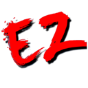 EZ text in a bold, red, hand-drawn brush style against a black background.