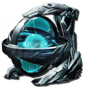 A metallic mechanical frame holding a glowing cyan energy sphere.