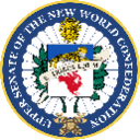 Upper Senate of the New World Confederation crest featuring a tiger above a red map of North America inside a blue and gold …