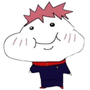 Yuji Itadori with a squished face and pink hair smiling widely in a simple, hand-drawn style.