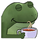 A green frog with a smug expression holding a white cup of tea.