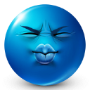 Blue face with eyes squeezed shut and lips pursed tightly together in a struggle to suppress laughter.