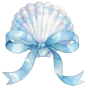 A white seashell decorated with a light blue ribbon bow in a soft anime art style.