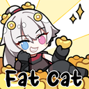 Kotachi with heterochromia eyes smirking while reclining on a pile of gold bars.