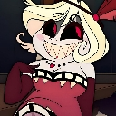 Mimzy from Hazbin Hotel wearing a red dress with a wide, toothy, mischievous grin.