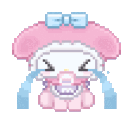 My Melody character crying with large blue tears streaming down her face in a pixel art style.
