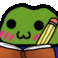 A cute green frog with pink cheeks writing in a brown notebook with a yellow pencil.