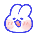 A white cartoon bunny with rosy cheeks and a wide, happy open-mouthed expression against a blue background.