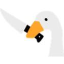 A white goose holding a large kitchen knife in its orange beak.