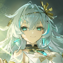 Nahida from Genshin Impact with long light hair and a gentle smile.