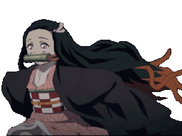 Nezuko Kamado running forward with her hair flowing in a pixel art animation.