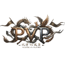 PVP text logo rendered in metallic gold and silver with sword and shield motifs.