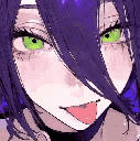 Reze from Chainsaw Man with purple hair and green eyes sticking her tongue out playfully.
