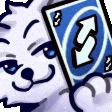 A cute white creature with a smug expression holding up a blue Uno reverse card.