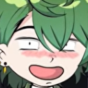 Anime character with green hair and a wide, blushing grin.