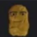A distorted, low-resolution human face with a suspicious and chaotic expression.