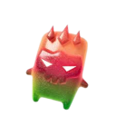Gummy monster wearing a crown with a mischievous grin and glowing eyes.