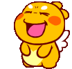 Four small yellow winged creatures laughing with their eyes closed and mouths wide open.