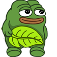 Pepe the Frog holding a green leaf with a sly, mischievous expression.