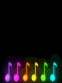 Musical notes in various neon colors floating against a black background.