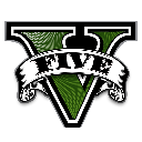 Grand Theft Auto V logo featuring a large letter V with the word FIVE on a banner.