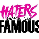 Text graphic reading Haters in pink brush script above Make Us in small text and Famous in bold black block letters.