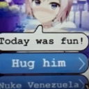 Anime girl with a dialogue box showing the choices 'Hug him' and 'Nuke Venezuela'.