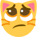 Cat face with large, watery pleading eyes and a small frown.