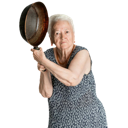 Elderly woman holding a frying pan in a threatening manner.