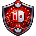 Nintendo Switch controller icon centered inside a red shield emblem with Poké Balls at the top and bottom.