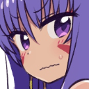 Nitocris with purple hair looking flustered and embarrassed with a nervous expression.