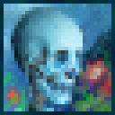 A blue pixelated skull with a hollow expression.