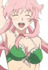 Yuno Gasai with pink hair smiles brightly while wearing a green bikini.