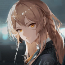 Anime girl with long brown hair and golden eyes looking with a serious, unimpressed expression.