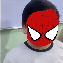 A person wearing a crudely edited Spider-Man mask filter over their face.