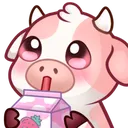 A cute pink cow with white spots happily slurping from a strawberry milk carton.