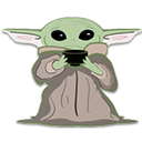 Grogu holding a small black cup and sipping tea with a calm expression.