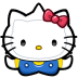 Hello Kitty with a red bow and blue outfit smiling directly at the viewer.