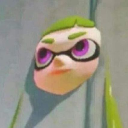 An Inkling character with green hair and purple eyes peeking from behind a gray wall with a suspicious expression.
