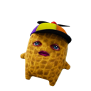 A textured, yellow-brown peanut character wearing a colorful hat with a confused, open-mouthed expression.