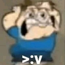 Distorted character face with a wide, mischievous grin and the text >:v below it.