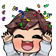 Character with a wide, happy smile throwing their hands up as colorful confetti falls around them.