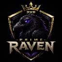 A dark raven with glowing purple eyes centered on a golden shield crest with a crown on top.